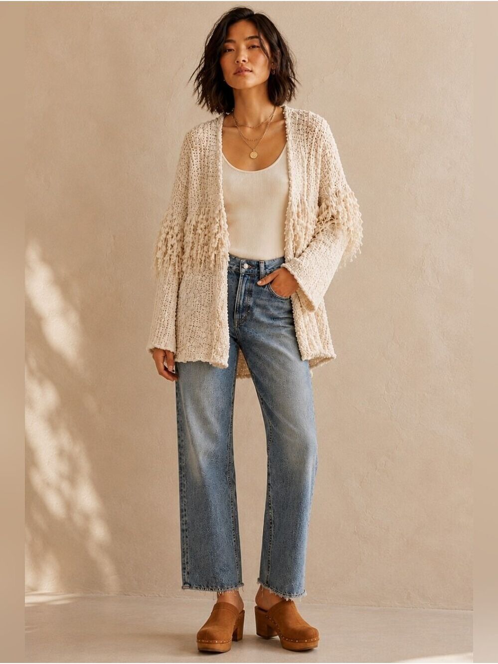NWT SALTWATER LUXE FRINGE FOREVER OVERSIZED BOHO CREAM CARDIGAN SWEATER XS / S